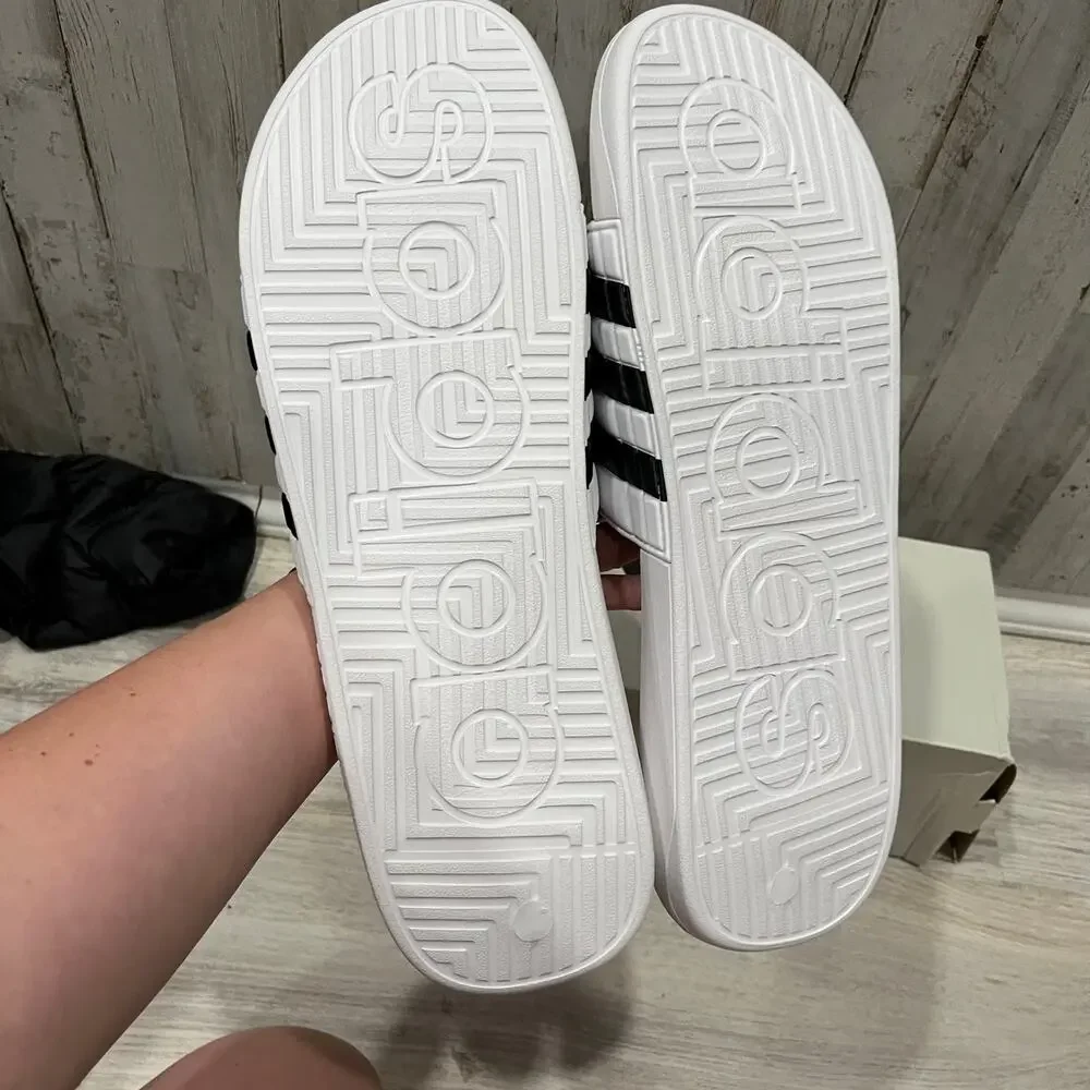 New! Adidas Adissage White Black 3 Stripe Slides Sandals Sports Mens Size 18